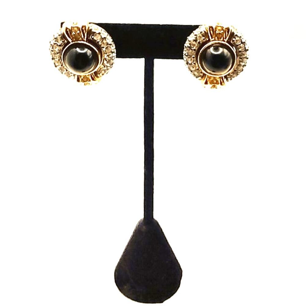 Jesara Vintage Gold Black Glass Cabochon Statement Clip On Earrings - Picture 4 of 10